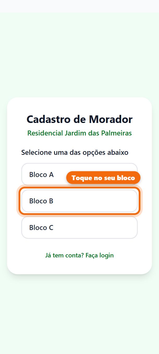Passo 1: O morador lê o QR Code e toca no bloco dele.