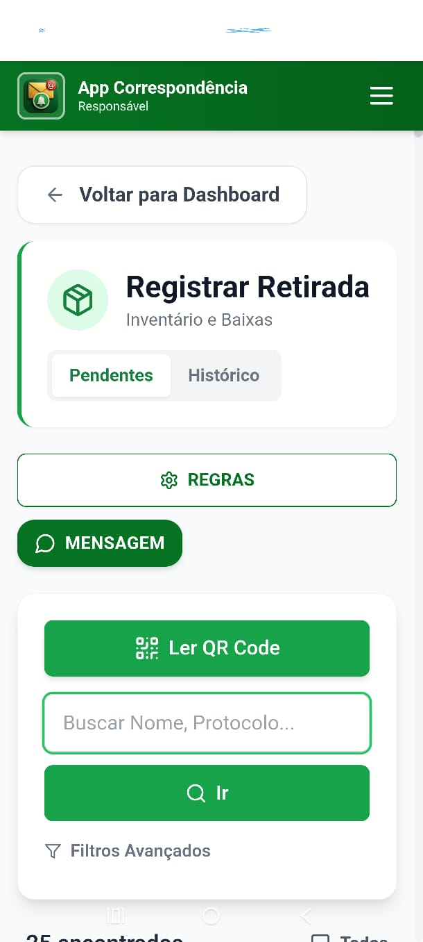 Tela Registrar Retirada com as abas Pendentes e Histórico, leitor de QR Code e busca