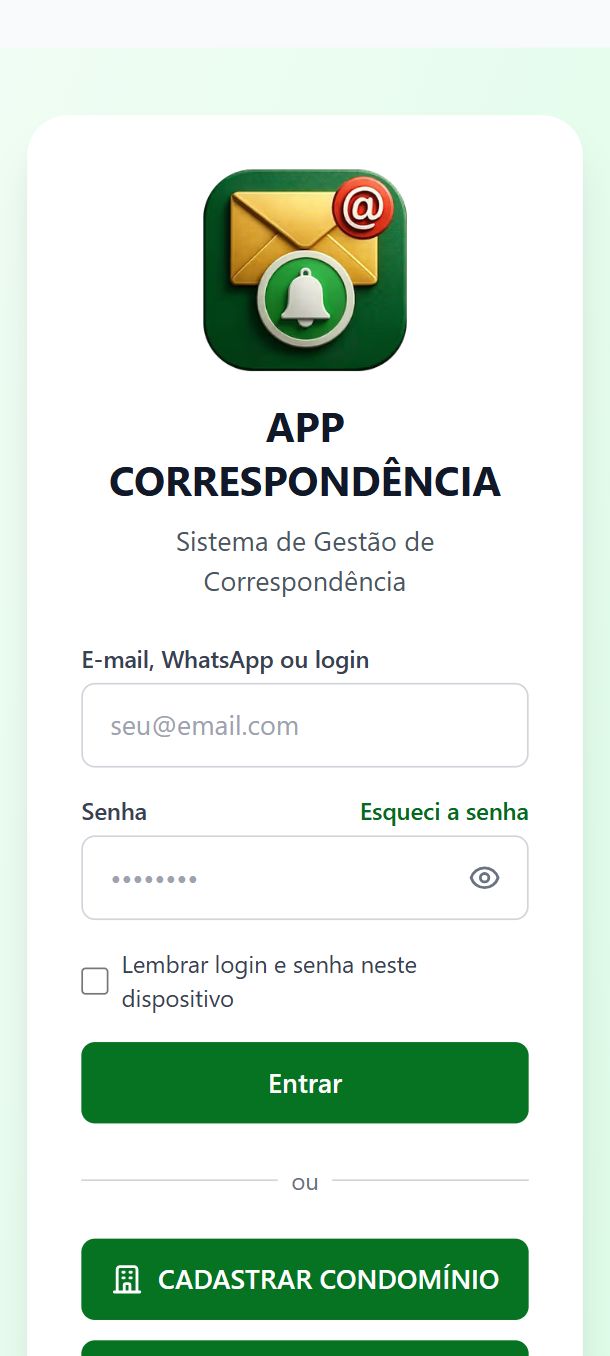 Tela inicial do App Correspondência com os campos de e-mail e senha e os botões Cadastrar Condomínio e Cadastro do Morador